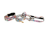White Floral Mosaic Italian Leather Collar, Leash, Harness Set With Gold Classic Hardware