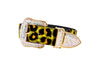 Yellow, Green, Black, Orange Leopard Print Hair On Hide Italian Leather Collar, With Swarovski Crystal Hardware