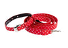 Red & Silver Polka Dot Italian Leather Collar & Leash Set With Silver Oval Hardware