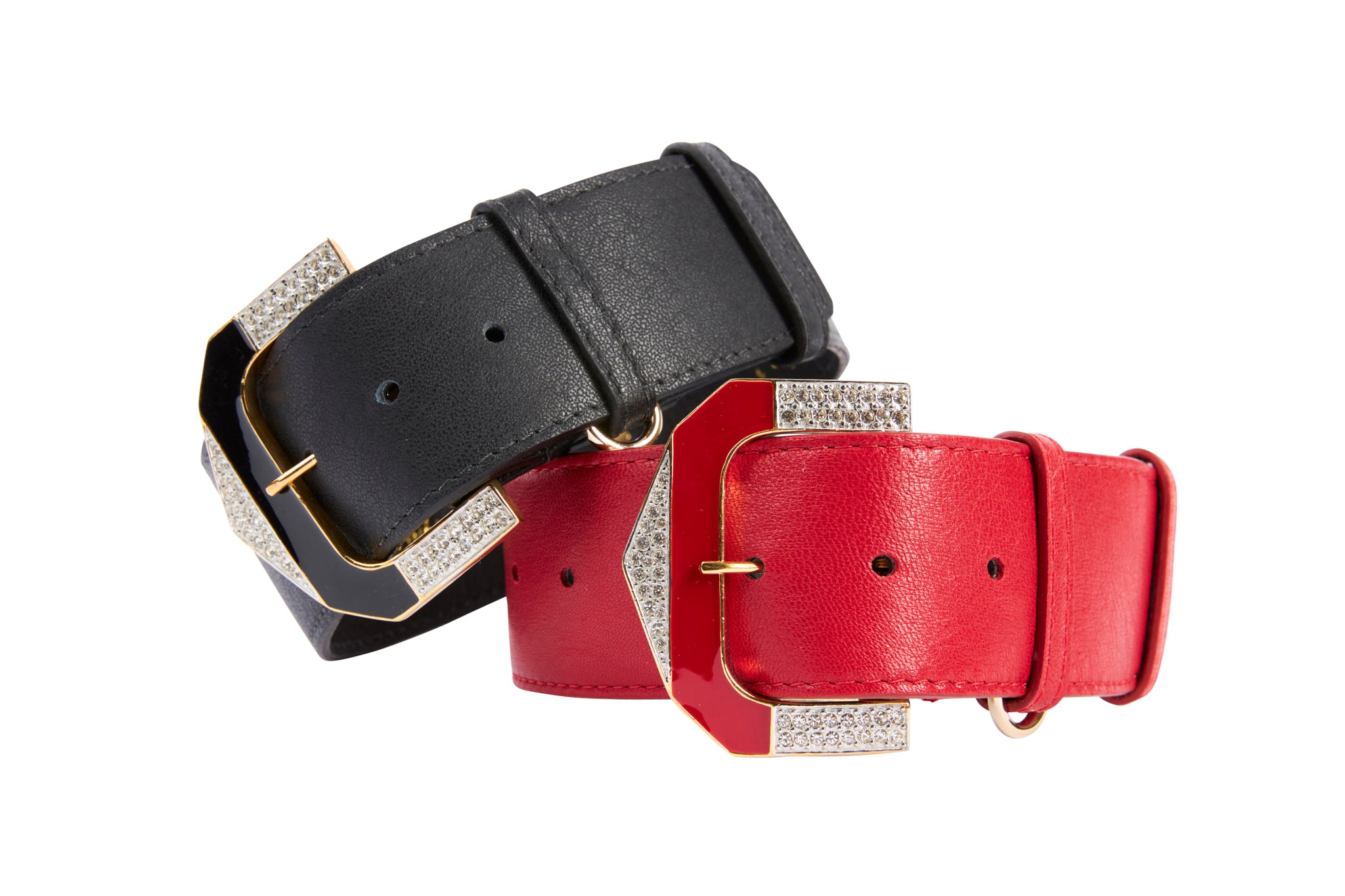 Black Italian Leather & Red Italian Leather Collar Set With Custom Hollywood Glam Italian Hardware