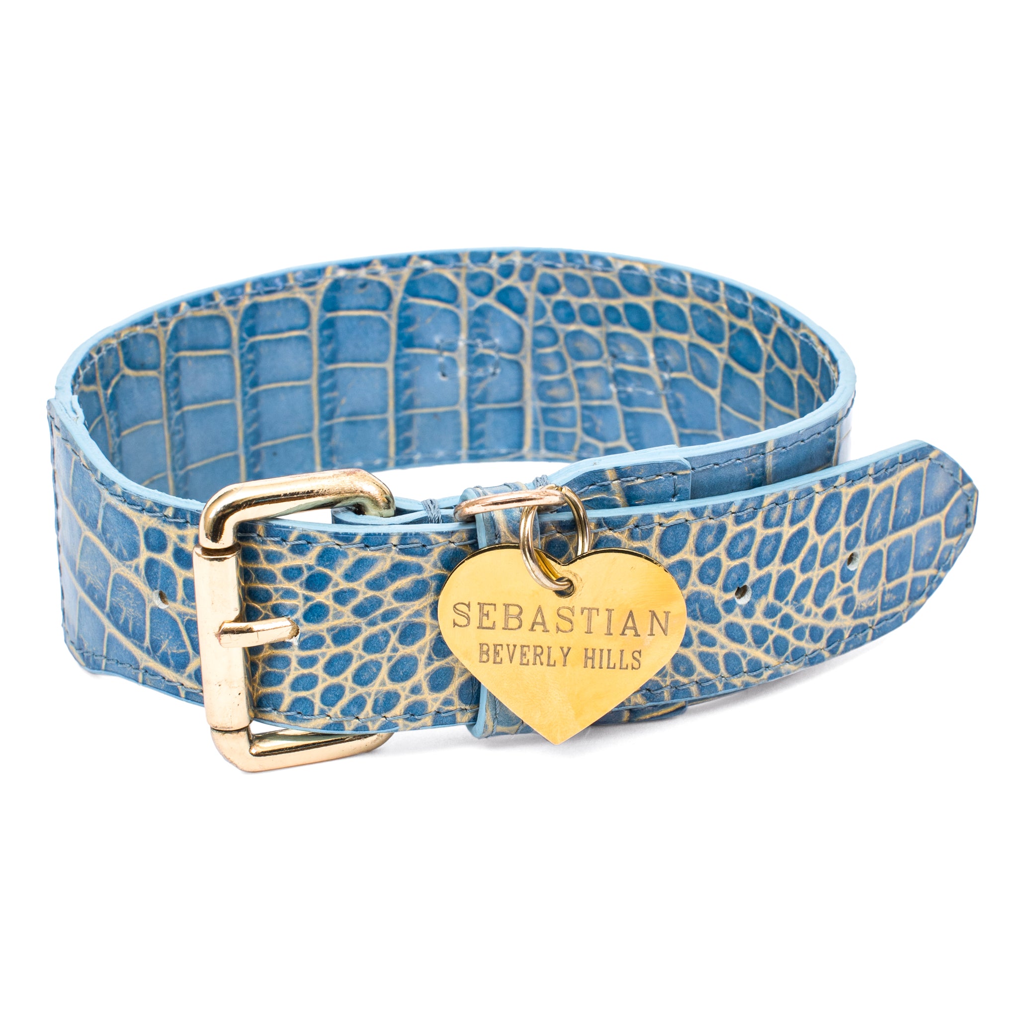 Luxury Pet Fashion Blue/Gold Stamped Leather Faux Croc Italian Leather -  Allysa Payne Beverly Hills