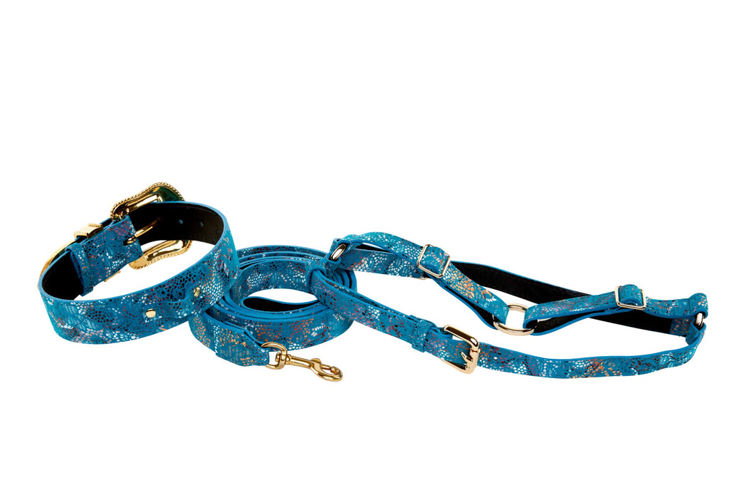 Blue Floral Mosaic Italian Leather/Swarovski Crystal Collar, Leash, Ha -  Allysa Payne Beverly Hills