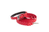 Red & Silver Polka Dot Italian Leather Collar & Leash Set With Silver Oval Hardware