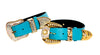 Aqua Blue Italian Leather Set Of 2. Ornate Swarovski Crystal Collar.