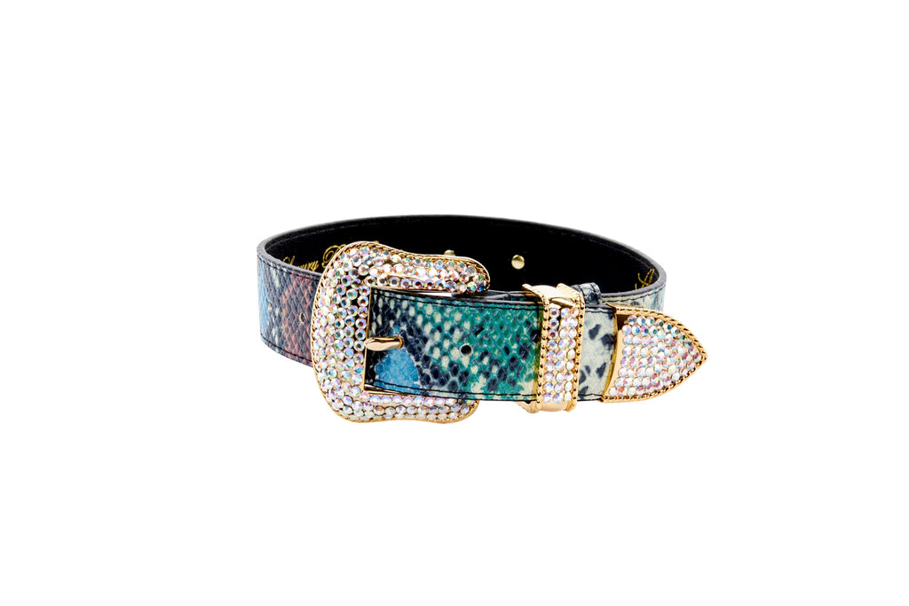 Luxury Pet Fashion Baby Blue/Blue/Bronze 3” Wide Snake Collar - Allysa  Payne Beverly Hills