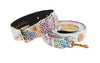 White Floral Mosaic Italian Leather Collar & Leash Set With Gold Classic Hardware