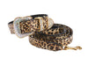 Leopard Print Italian Leather Collar & Leash Set With Swarovski Crystal Hardware