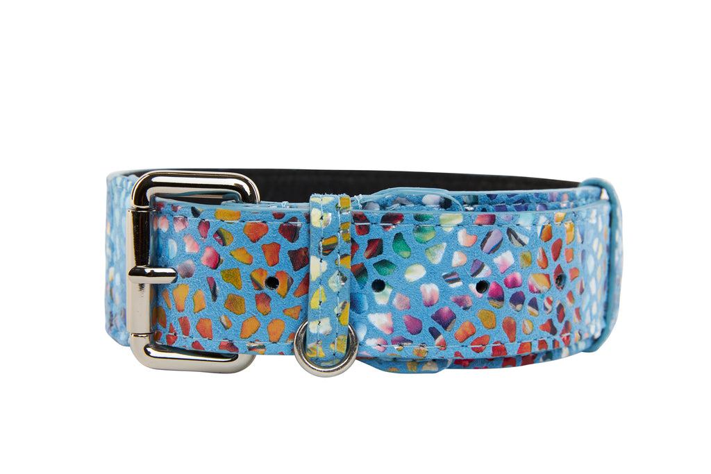 Luxury Pet Fashion Blue Floral Mosaic Italian Leather Collar - Allysa Payne  Beverly Hills